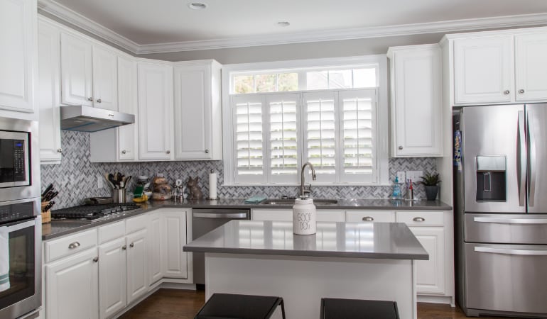 Polywood shutters in a Cincinnati gourmet kitchen.